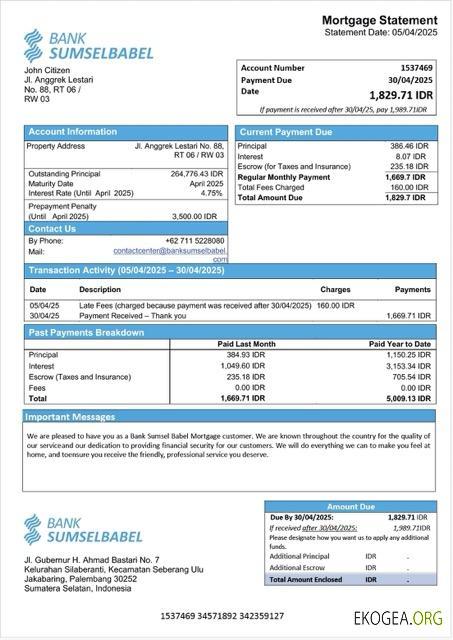 Modèle Word et PDF de relevé hypothécaire de la Banque indonésienne Sumsel Babel